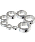 Heavy Duty Zinc Plated Set Screw Shaft Collars With Three Quarters Inch Bore And One And One Quarter Inch Outer Diameter Four Piece Pack Includes Five Sixteenths Inch By One Quarter Inch Set Screws Carbon Steel For Lawn Tractors And Garage Doors, showing various sizes.