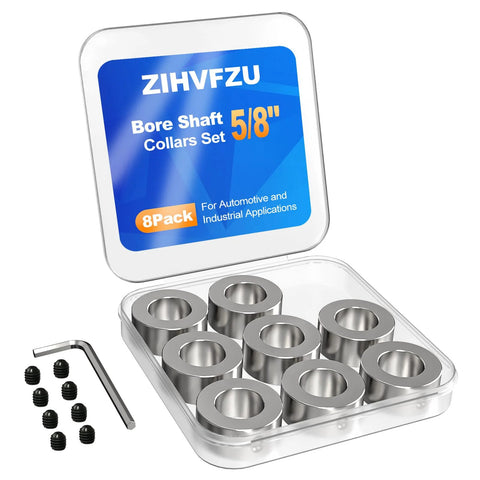 Heavy Duty Built To Last Eight Pack Five Eighths Bore Zinc Plated Carbon Steel Shaft Collars Set Screw and tool kit