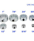 Assorted zinc plated steel shaft collars in various sizes for industrial use, durable and secure, vibration-resistant design for machinery.