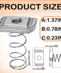 Zinc-plated spring strut channel nut with dimensions; fast, vibration-resistant mounting for 1/4-20 and 3/8-16 channels.
