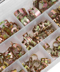Zinc Plated Fuel Hose Clamp Kit 6 To 22 Millimeter Elastic Spring Hose Clamps shown in a divided plastic tray