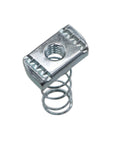 Durable zinc-plated 3/8-16 strut channel nut with spring, corrosion-resistant for Unistruts, shown in close-up view.