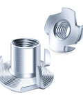 Close-up of 50 Pack Three Eighths Sixteen Four Jaw Tee Nuts For Bolts And Stem Casters Zinc Plated Steel Threaded Inserts.