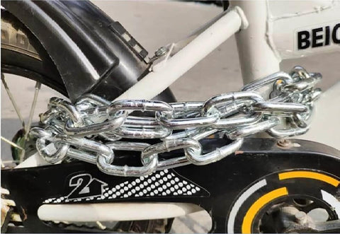Bicycle secured with 3/16-IN X 10-FT Heavy Duty Proof Coil Chain, Bright Zinc-Plated Metal Chain, 800lbs Safe Load Capacity