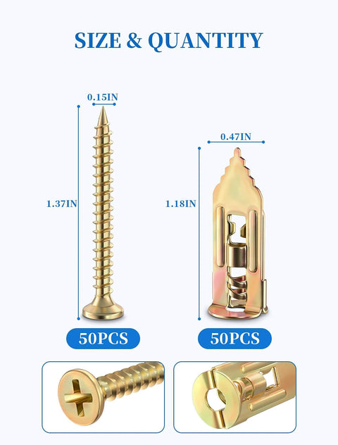 100 pcs self drilling drywall anchors and screws kit made from zinc plated steel holding up to 66 lb dimensions and quantity chart