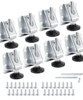 8-pack heavy duty zinc plated steel furniture levelers with nylon feet and screws shown with install kit components.