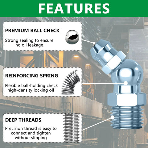Diagram of Premium Zinc Plated Steel Grease Fittings Kit features with ball check, spring, and deep threads.