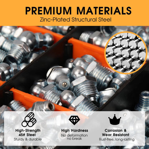 One-Stop 240-Piece Grease Fittings Set For SAE And Metric Zerk Nipples with zinc-coated steel material display.