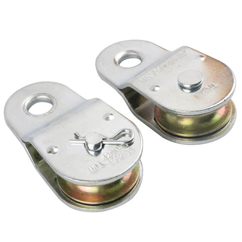 Zinc Plated Fixed Single Pulley Fixed Eye Steel Pulley 1-1/2" (2 Pack) with removable axles, shown from top view