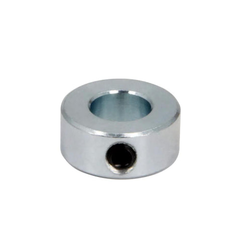 Durable zinc plated steel half inch bore shaft collar for secure vibration-resistant locking in gearboxes, 1 in OD, 7/16 in width.
