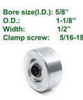 Eight-pack zinc plated carbon steel screw style shaft collars with 5/8 bore showing dimensions and single collar detail