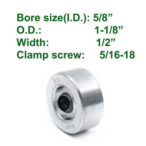 Eight-pack zinc plated carbon steel screw style shaft collars with 5/8 bore showing dimensions and single collar detail