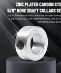 (4-Pack) Zinc Plated Carbon Steel 5/8" Bore Shaft Collars Sets displayed with detailed dimensions.