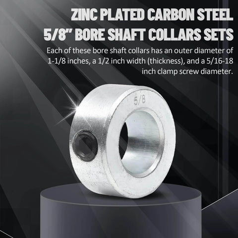 (4-Pack) Zinc Plated Carbon Steel 5/8" Bore Shaft Collars Sets displayed with detailed dimensions.