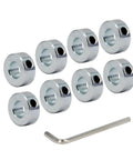 Durable zinc plated steel half inch bore shaft collar set, 8-pack, with 1/2 in bore, 1 in OD, 7/16 in width, and 1/4-20 screws