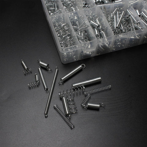 Spring Bundle Kit With 400 Pieces Across 20 Sizes Of Compression And Extension Springs Zinc Plated Steel For Durability Perfect For Appliances Toys Automotive Doors And DIY Repairs Projects, shown with case and assorted springs on black surface.