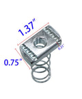 Close-up view of a durable zinc-plated 3/8-16 strut channel nut with spring, showing measurements for Unistruts installation.