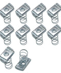 Durable zinc-plated 3/8-16 strut channel nuts, 10 pack, shown with spring attachments for Unistruts in steel framing projects