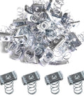 Zinc plated 1/4-20 strut channel nuts with springs, used for mounting pipes, electrical gear, and HVAC within slotted steel struts.