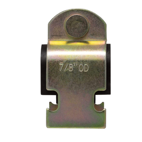 Durable zinc plated steel strut clamp with soft rubber cushion for 7/8'' OD piping, front view.