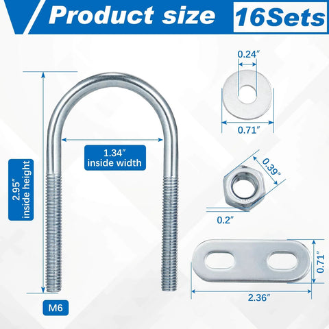 Round U Bolts Set Of 16 Zinc Plated Steel U Clamps With Nut Plates And Washers M6 X 34 Mm Inner Width 75 Mm Length