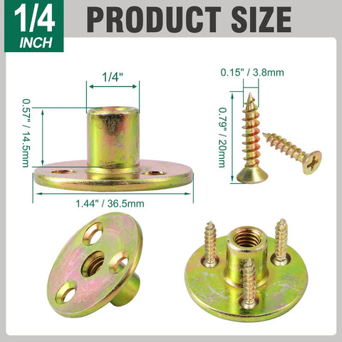 Heavy Duty 1/4-20 Brad Hole T Nut With Screws for Wood Furniture and DIY Projects 3 Hole Zinc Plated Carbon Steel