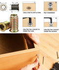 200-Piece Zinc Plated Wood Threaded Insert Kit With 1/4-20 And 5/16-18 Hex Drive Nut Inserts shown with installation guide.