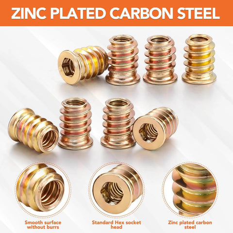 32 Pcs Wood Threaded Inserts For Furniture Screws 1/4-20 X 25/32 In Hex Socket Drive displayed in zinc plated carbon steel