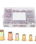 300 Piece Blind Rivet Nut Set In Plated Zinc Steel For Metal Plates And Pipes Multiple Sizes Durable Fastening Kit For DIY Projects Automotive And Industrial Applications in a clear plastic case with six distinct nut sizes displayed