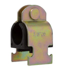 Durable zinc plated steel strut clamp with a soft rubber cushion protects copper piping, PEX, and CVPC tubing, front view
