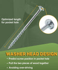 Pocket Hole Screws 1-1/4 Inch, zinc-plated washer head screw with coarse thread, highlighting design for wood joinery in pocket holes.