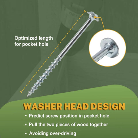 Pocket Hole Screws 1-1/4 Inch, zinc-plated washer head screw with coarse thread, highlighting design for wood joinery in pocket holes.