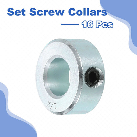 Sixteen Piece Set Screw Shaft Collars For One Half Inch Bore And One Inch Outside Diameter Seven Sixteenth Inch Thick Zinc Plated