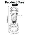 Zinc Alloy Swivel Snap Hooks 1.83 Inch By 0.87 Inch Heavy Duty Lobster Clasps in 10 Pack, shown with product dimensions.