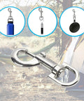 Close-up of a 12 Pcs Trigger Clips Clasp 5 Cm Zinc Alloy Swivel Eye Snap Clip Hook for Dog Leash, nickel-plated, with camping background.