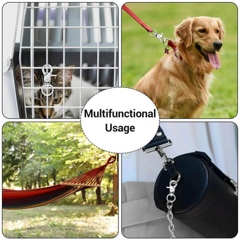 Zinc Alloy Swivel Snap Hooks 1.83 x 0.87 Inch in use with dog leash, bird cage, hammock, and purse for versatile everyday use.
