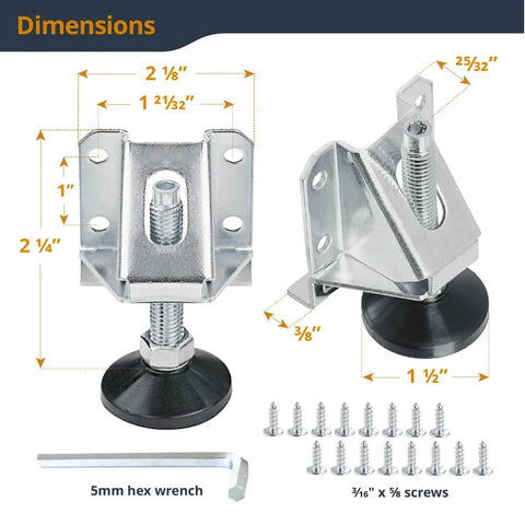 Heavy duty zinc plated steel furniture levelers with nylon feet and screws, adjustable height, install kit for tables and cabinets