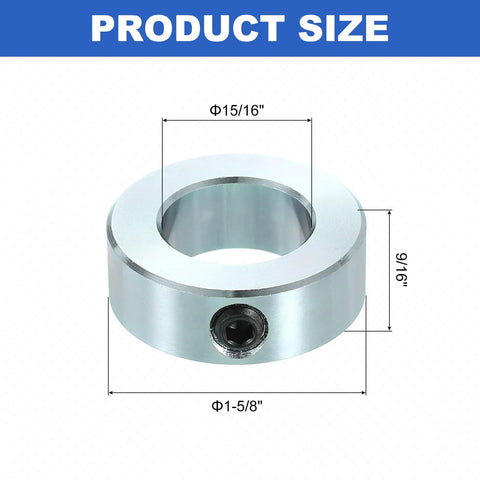 Zinc plated carbon steel set screw shaft collars with a 15/16 bore, 1-5/8 outside diameter and 9/16 inch thickness securely clamp