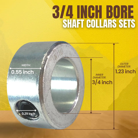 Four Pack 0.75 Inch Bore Solid Steel Shaft Collars Zinc Plated For Machinery And Industrial Use With Socket Cup Point Set Screws