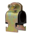 Durable zinc plated steel strut clamp with a soft rubber cushion protects copper piping, PEX, and CVPC tubing, front view.