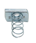 Front view of 3/8-16 Strut Channel Nuts With Zinc Electroplate Finish, long spring for secure attachments on strut channel.