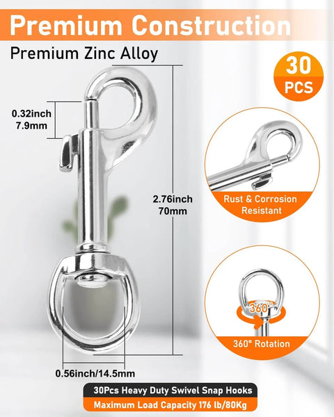 30 Pieces Heavy Duty Swivel Snap Hooks For Dog Leash 2.75 Inch Clasp With 360 Degree Rotation Marine Grade Zinc Alloy Bolt Snap