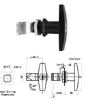 Side view of durable zinc alloy T-handle door lock set with black corrosion-resistant finish and technical dimensions diagram.