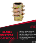 Hex Threaded Inserts For Soft Wood In Zinc Alloy Flush Mount, 10-32 Thread Size, 10mm Length, Pack Of 50, Durable Furniture Hardware