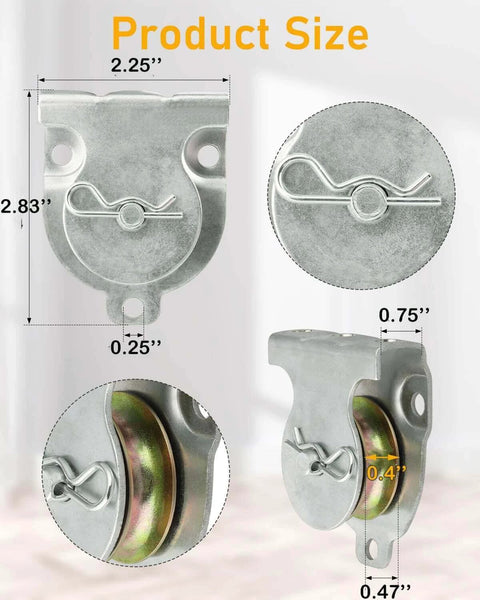 Dimensions and features of 12 Pcs Wall Mount Pulley, 1-1/2" Ceiling Mount Pulley for 3/8" Wire Rope, zinc plated, load 420 lbs.