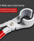 Close-up of THP-1 Washer Hose Pliers Zinc Alloy Hose Clamp Tool with red handle showing grip jaws for washing machine hoses.