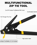 Zip Tie Tool For Easy Tensioning And Cutting Of Cable Ties 2.4 To 9 Millimeters, ergonomic grip cable management gun displayed.