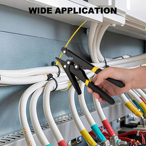 Zip Tie Tool For Easy Tensioning And Cutting Of Cable Ties 2.4 To 9 Millimeters in use on electrical cables