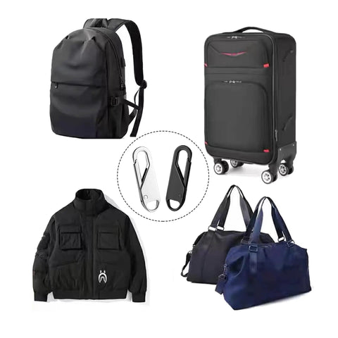 Six Pack Zipper Pull Replacements Kit for Clothing Jackets Backpacks Purses and Coats Universal Metal Zipper Sliders With Easy Attach Pull Tabs Black And Silver Six Pieces shown with backpack, luggage, jacket, and handbags.
