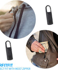 Universal Metal Zipper Pull Replacement for Luggage 8Pcs Black Zipper Tabs shown on jackets and in close-up view